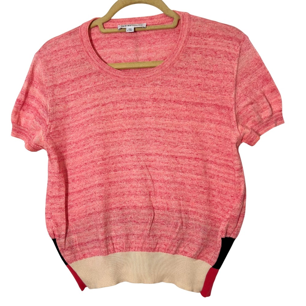 See by Chloe Knit Sweater Size 10 Pink Marled Short Sleeve Colorblockโ Preppy